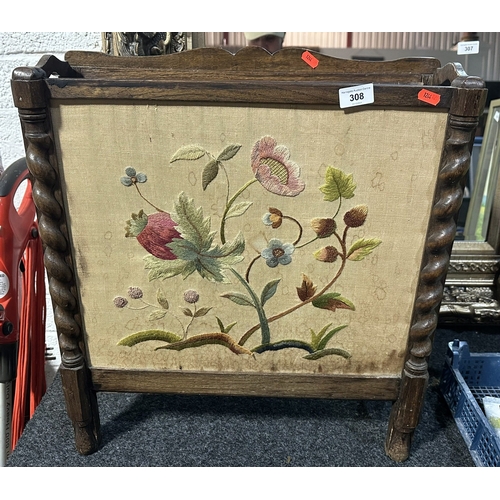 308 - EDWARDIAN OAK FIRE SCREEN MAGAZINE RACK ON BARLEY SUGAR TWIST COLUMNS WITH NEEDLEPOINT FRONT