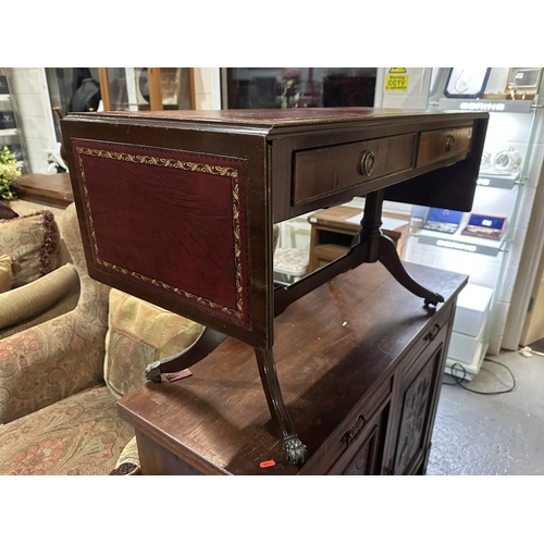 36 - LYRE ENDED LEATHER TOP TABLE WITH DOUBLE DRAWER