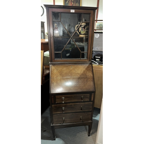 48 - EDWARDIAN MAHOGANY NARROW BUREAU ON TAPERED LEGS WITH ASTRAGAL FRONTED TOP BOX