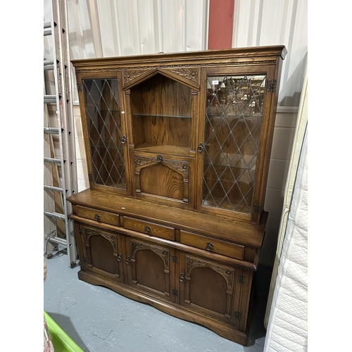 125 - SOLID OAK VINTAGE OLD CHARM STYLE BUFFET DRESSER WITH LEADED LIGHTS PURCHASED FROM SMITHS THE RINK H... 