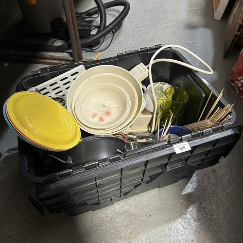 185 - BOX OF POTTERY AND GLASS