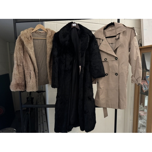 29 - LADIES BRAND NEW TRENCH COAT SIZE 8, FUR JACKET AND LONG FUR COAT