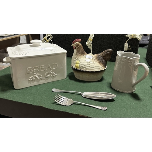 303 - CERAMIC BREAD BIN, EGG HOLDER AND FLOWER JUG