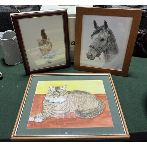 304 - PENCIL DRAWING OF A HORSE AND TWO WATERCOLOURS OF CATS