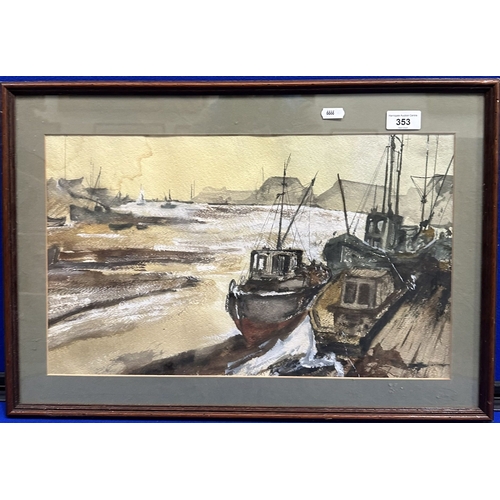 353 - FRAMED NAUTICAL WATERCOLOUR OF FISHING BOATS AT LOW TIDE