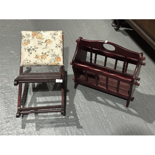 95 - MAHOGANY MAGAZINE RACK AND ROCKING STOOL