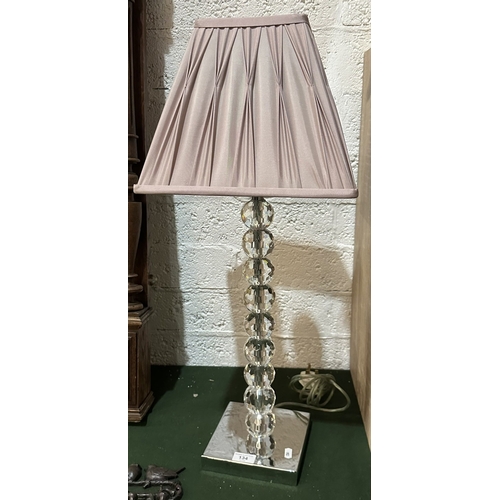 134 - RETRO STYLE GLASS TABLE LAMP WITH DUSKY PINK PLEATED SHADE 28” TALL