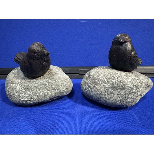 198 - CAST IRON BIRDS ON STONE GARDEN ORNAMENTS