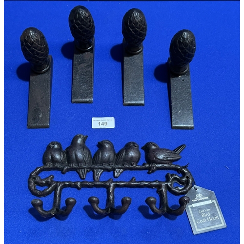 149 - BRAND NEW TOM CHAMBERS CAST IRON DOOR STOPS AND BIRD COAT HOOK