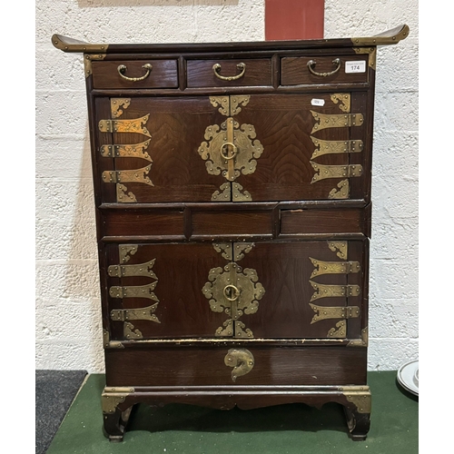 174 - ORIENTAL KOREAN TALL ELM CABINET WITH BRASS  FIITINGS