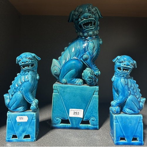 253 - CHINESE TURQUOISE FOO DOGS 15 INCHES TALL AND PAIR OF SMALL FOO DOGS 8 INCHES TALL