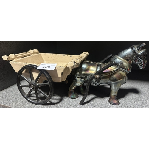 269 - VINTAGE ENAMELLED CAST IRON HORSE AND CART