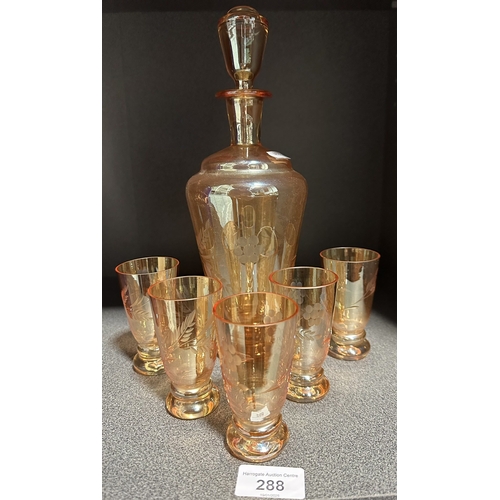 288 - ART DECO COPPER LUSTRE GLASS DECANTER AND SHOT GLASSES