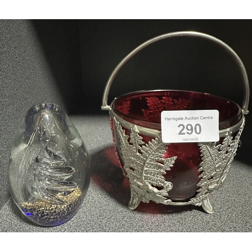 290 - RUBY GLASS AND SILVER PLATED FERN LEAF DECORATED HANDLED BASKET AND PAPERWEIGHT