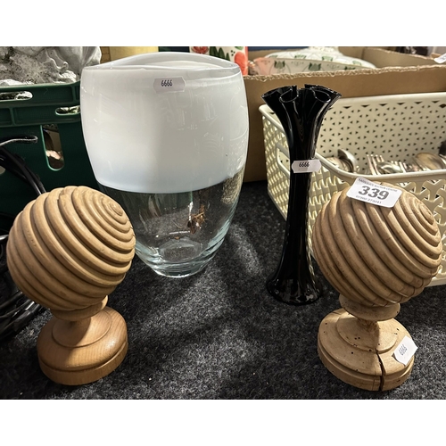 339 - TWO CARVED FINIALS AND QUALITY GLASSWARE