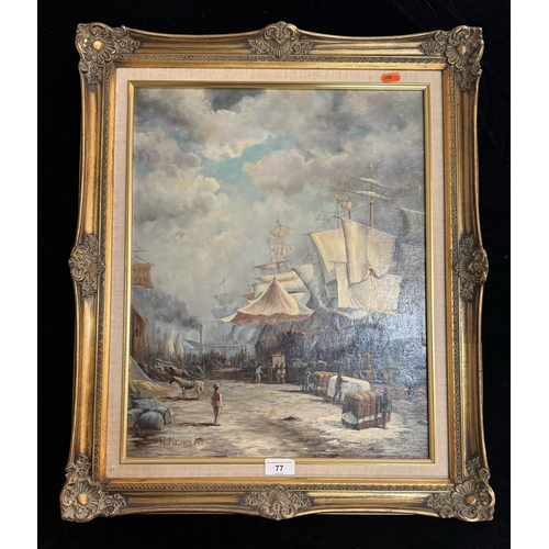 77 - OIL ON BOARD SHIPYARD SCENE IN GILT FRAME SIGNED N.NICHOLAS