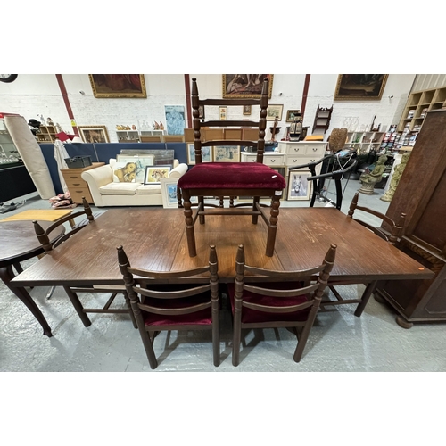 97 - YOUNGER SOLID OAK EXTENDING DINING TABLE AND SIX LADDER BACK CHAIRS