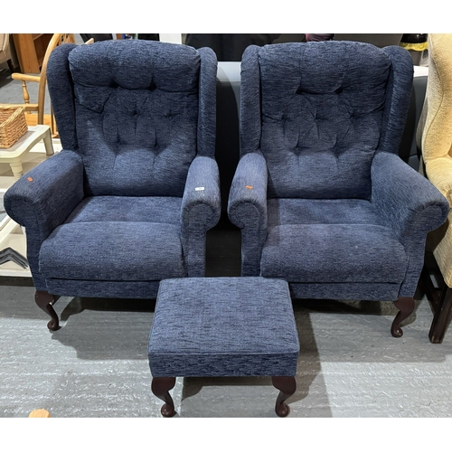 72 - PAIR OF LIKE NEW BUTTON BACK ARMCHAIRS WITH POUFFE