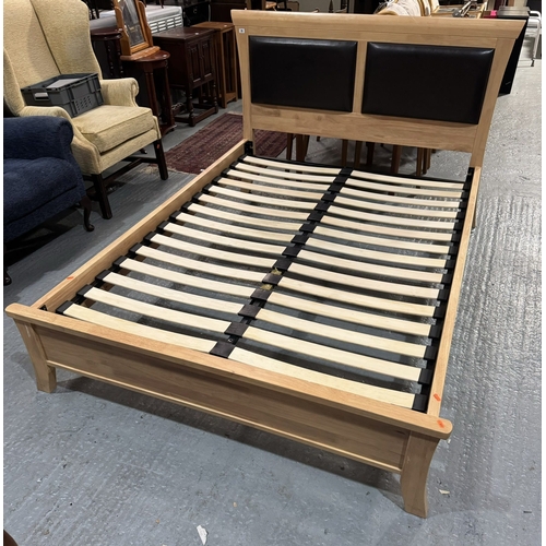 88 - BEECH AND LEATHER DOUBLE BED FRAME