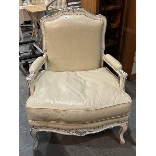 216 - ZANABONI BAROQUE STYLE ARMCHAIR IN CREAM LEATHER WITH SILVER ACCENTS