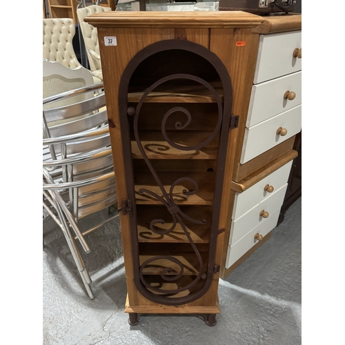 37 - WROUGHT IRON FRONTED SHELVED UNIT IN PINE