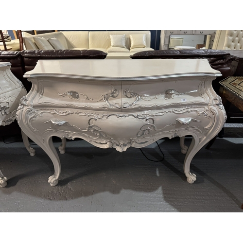 42 - VENETIAN ROCOCO STYLE WHITE WITH SILVER ACCENT PAINTED BOMBE COMMODE