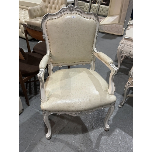 52 - ZANABONI BAROQUE STYLE ARMCHAIR IN CREAM LEATHER WITH SILVER ACCENTS