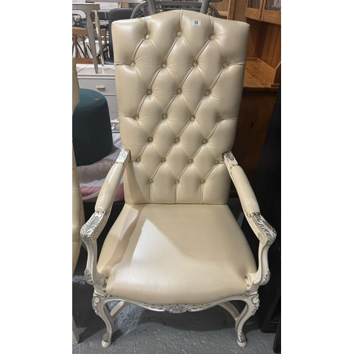 59 - ZANABONI BAROQUE STYLE HIGH BACK ARMCHAIR IN CREAM LEATHER WITH SILVER ACCENTS