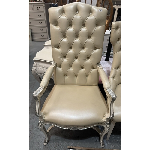 60 - ZANABONI BAROQUE STYLE HIGH BACK ARMCHAIR IN CREAM LEATHER WITH SILVER ACCENTS