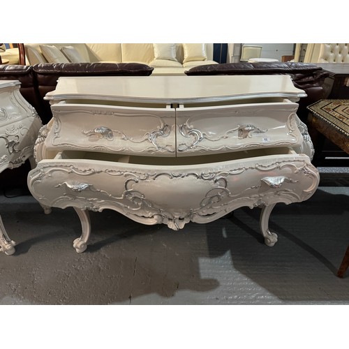 42 - VENETIAN ROCOCO STYLE WHITE WITH SILVER ACCENT PAINTED BOMBE COMMODE