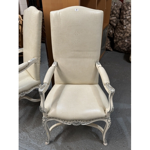 22 - ZANABONI BAROQUE STYLE ARMCHAIR IN CREAM LEATHER WITH SILVER ACCENTS