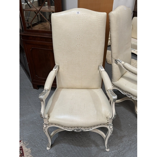 23 - ZANABONI BAROQUE STYLE ARMCHAIR IN CREAM LEATHER WITH SILVER ACCENTS