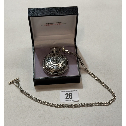 28 - SILVER PLATED SCOTTISH THISTLE MOTIF POCKET WATCH WITH ALBERT CHAIN