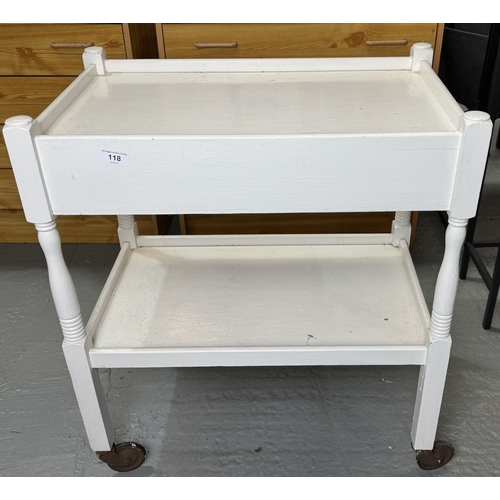 118 - DOUBLE TIER WOODEN TROLLEY ON CASTORS WITH SIDE DRAWER