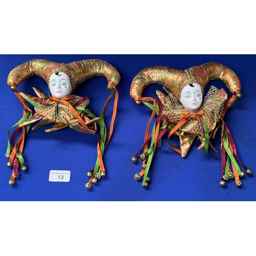 13 - PAIR OF MARDI GRAS JESTER ORNAMENTS WITH CERAMIC HEADS