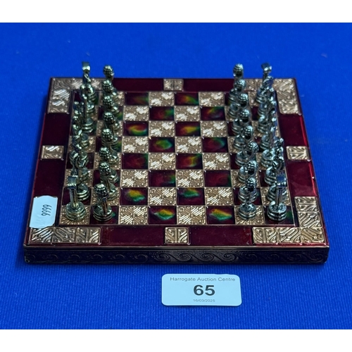 65 - MINIATURE CHESS BOARD WITH METAL PIECES