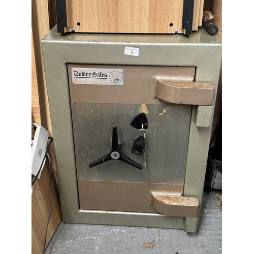 8 - CAST IRON DUDLEY SAFE FIREPROOF SAFE WITH KEY