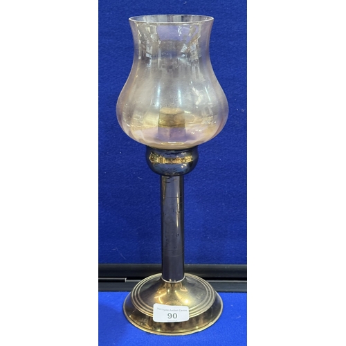 90 - VINTAGE BRASS CANDLE LAMP WITH SPRING LOADED CANDLE AND TULIP GLASS SHADE