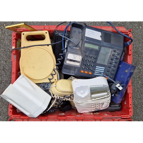 21 - 9 BOXES OF VINTAGE ELECTRONICS INCLUDING TELEPHONES ETC.