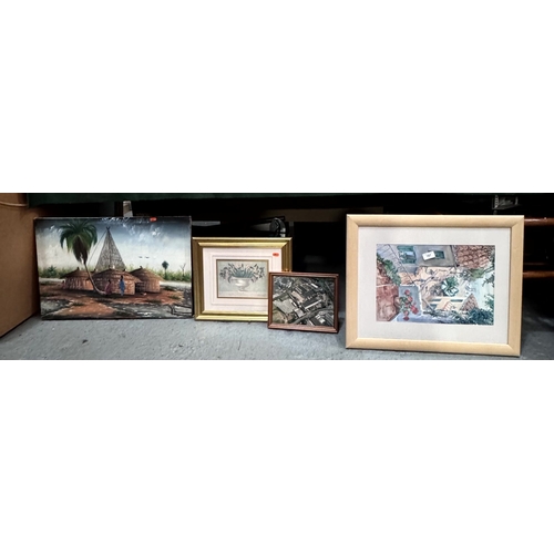 187 - FOUR FRAMED PICTURES INCLUDING ‘HARBOUR STEPS’ BY PAUL SIMMONS