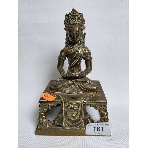 161 - SOLID BRASS FIGURE OF SEATED BUDDHA AMITAYUS, 7.5” TALL