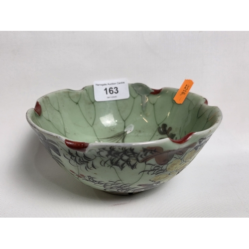 163 - ORIENTAL JADE GLAZED BOWL, HAND PAINTED WITH FLOWERS AND BUTTERFLIES, DIAMETER 6”