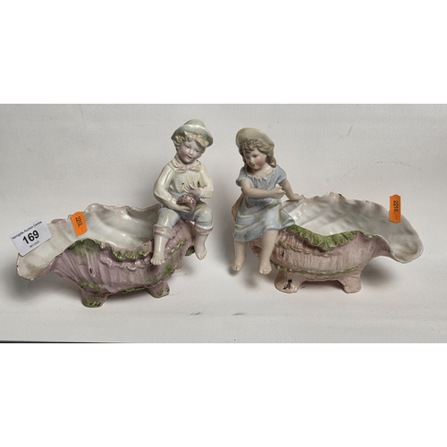 169 - PAIR OF VINTAGE BOY AND GIRL SHELL-SHAPE PLANTERS