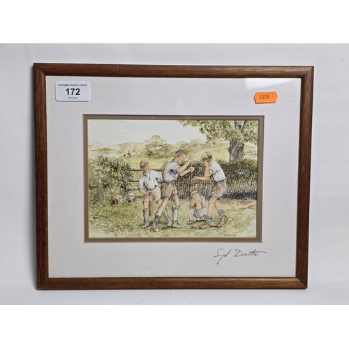 172 - WOODEN FRAMED PRINT FEATURING BOYS PLAYING CONKERS SIGNED SYD DUNSTON