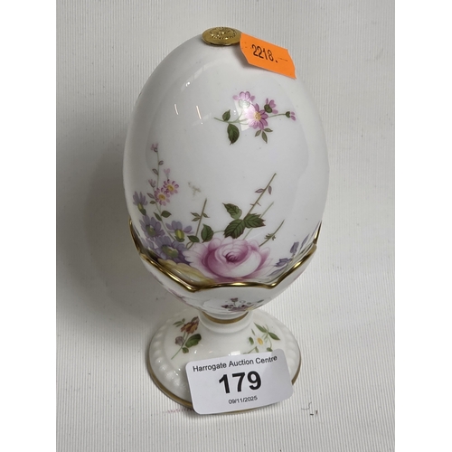 179 - ROYAL CROWN DERBY “POSIE” EGG WITH STAND IN FINE BONE CHINA
