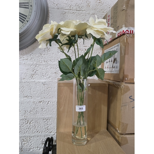 365 - FAUX WHITE ROSES IN GLASS VASE