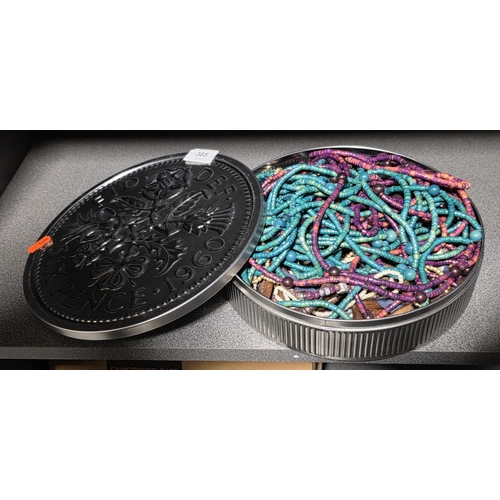 385 - LARGE 1960 SIXPENCE TIN FULL OF COLOURFUL BEADED WOODEN NECKLACES