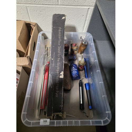 388 - MISCELLANEOUS INCLUDING KNITTING NEEDLES, TORCHES, FISHING SCALES, WOOD DYES ETC.