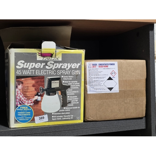 389 - CONCENTRATED BLOCK PAVING POWDER, UNOPENED AND ELECTRIC FENCE SPRAY GUN