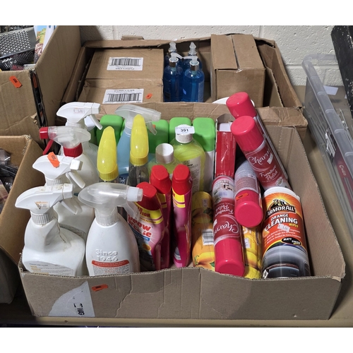 391 - TWO BOXES OF MISCELLANEOUS BRAND NEW CLEANERS, HAND-WASH, SCENTED BIN BAGS ETC.